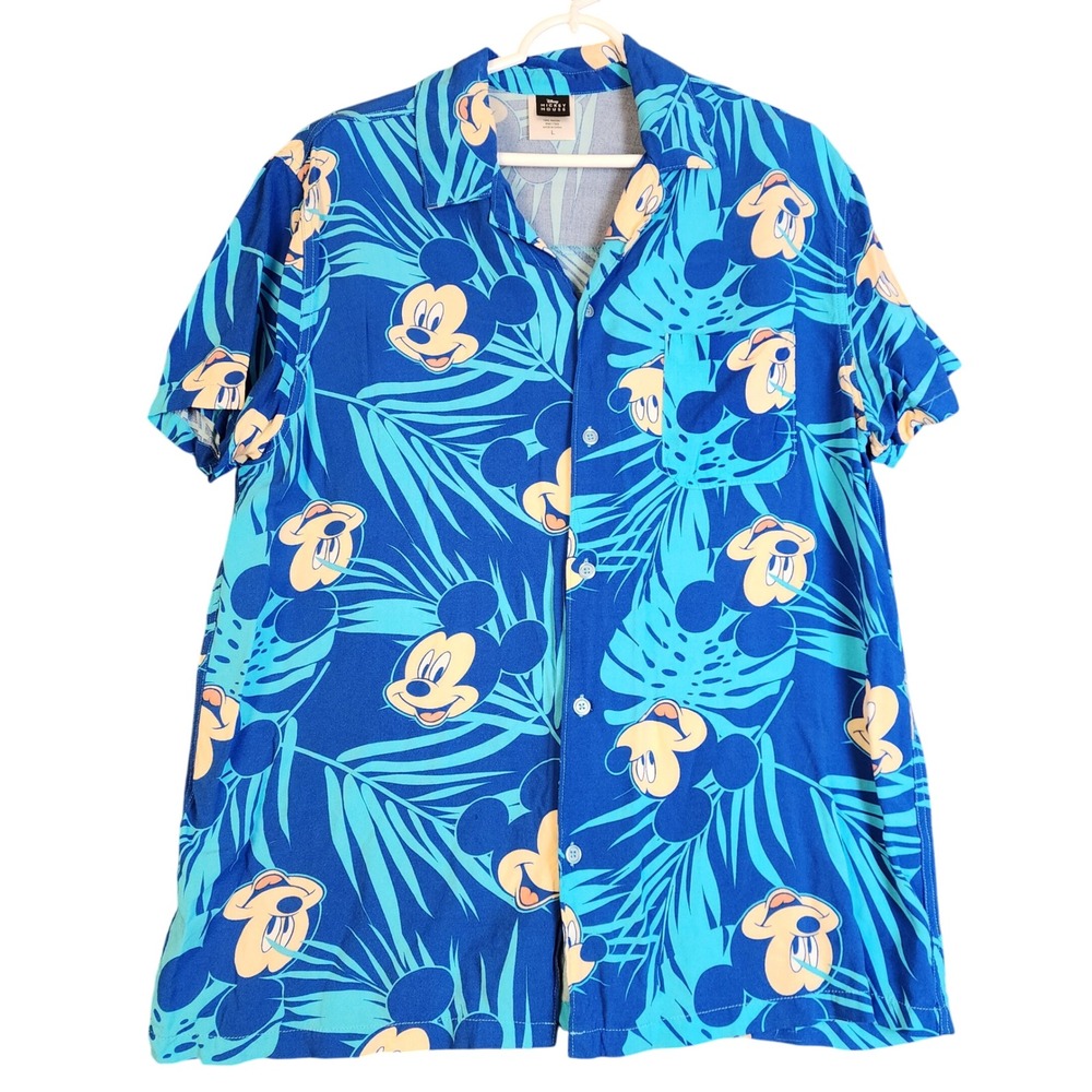 Disney Mickey Mouse Hawaiian Shirt Men's Large Blue Tropical Aloha Button Rayon
